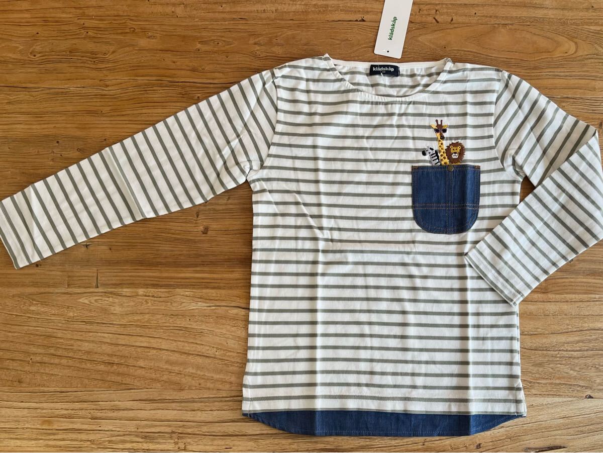 ★ 新品未使用 ★【 kladskap クレードスコープ ★ ポケットから動物たち ★ カーキのボーダー ★ カットソー Tシャツ カットソー 長袖拍卖