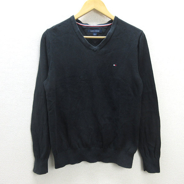 G■トミーヒルフィガー/TOMMYHILFIGER Vネックニットセーター/コットン【M】黒/men's/67【中古】■拍卖