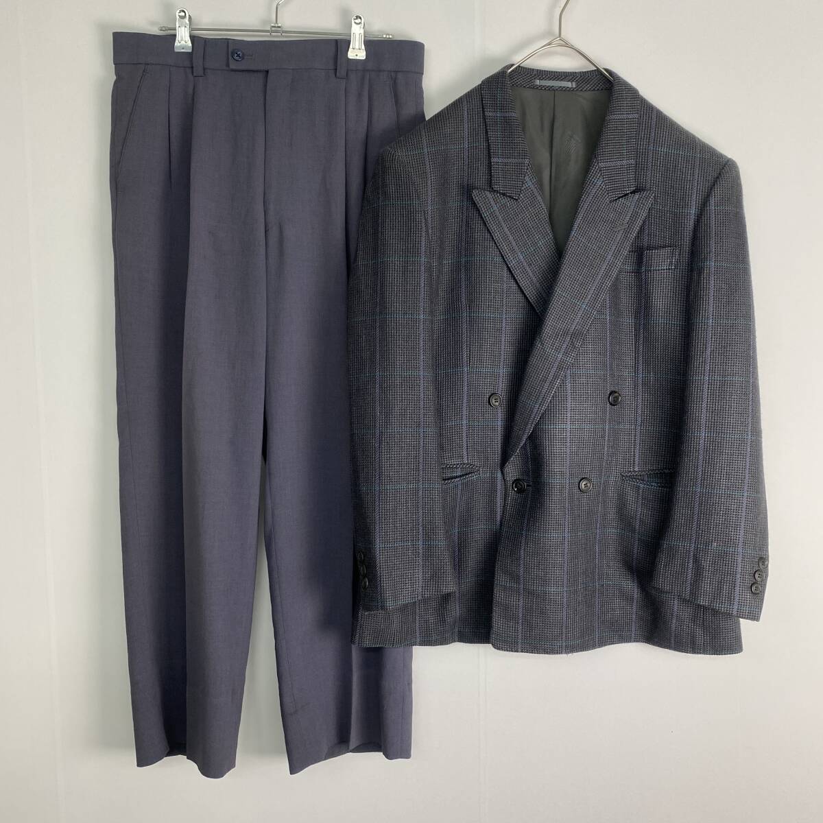 ランバン カジュアルスーツ ダブル 奇抜 紫 チェック柄 セレモニー メンズ M相当拍卖