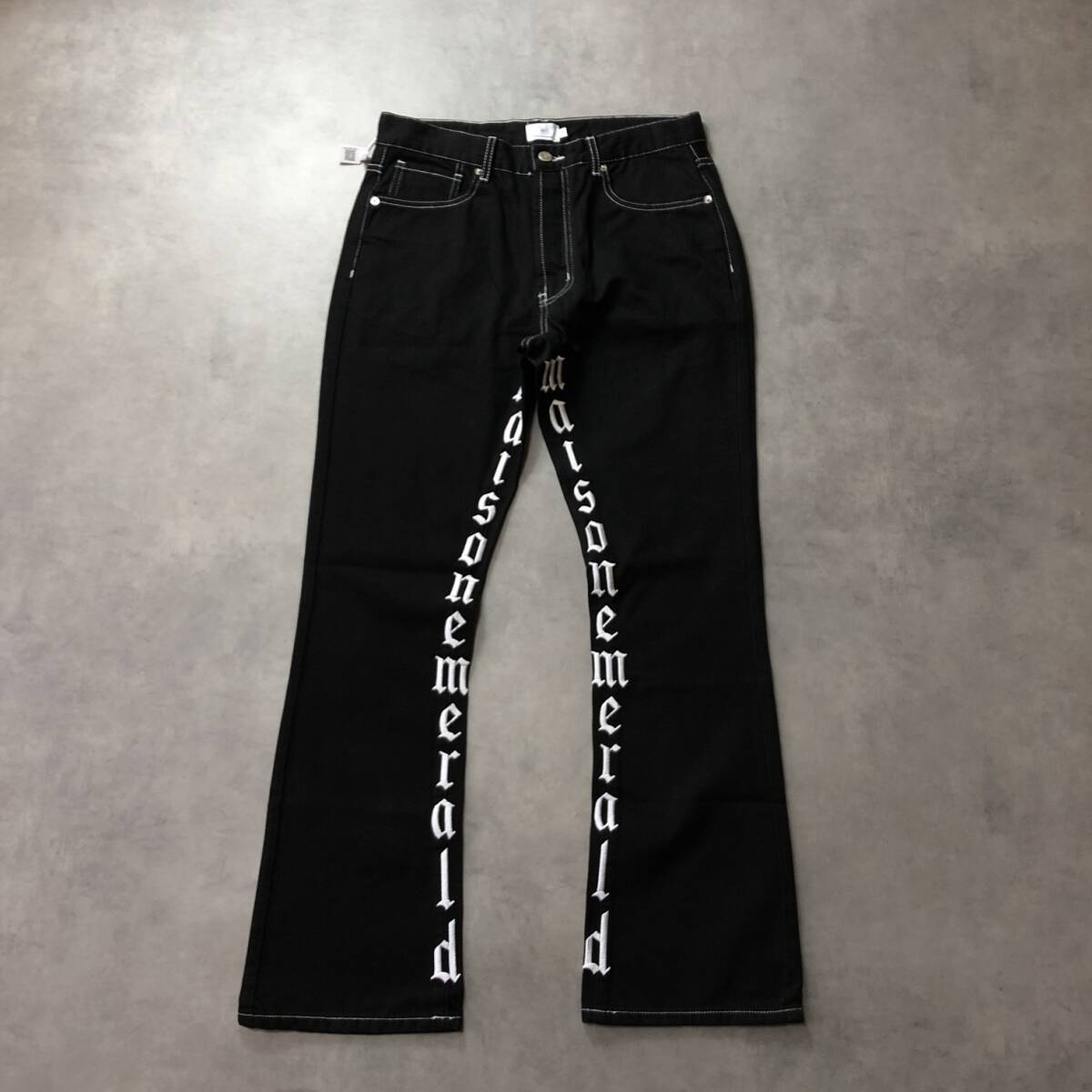 GQ1612◇MAISON EMERALD : 刺繍ロゴデザイン フレアパンツ◇M◇黒 メゾンエメラルド ブーツカット拍卖