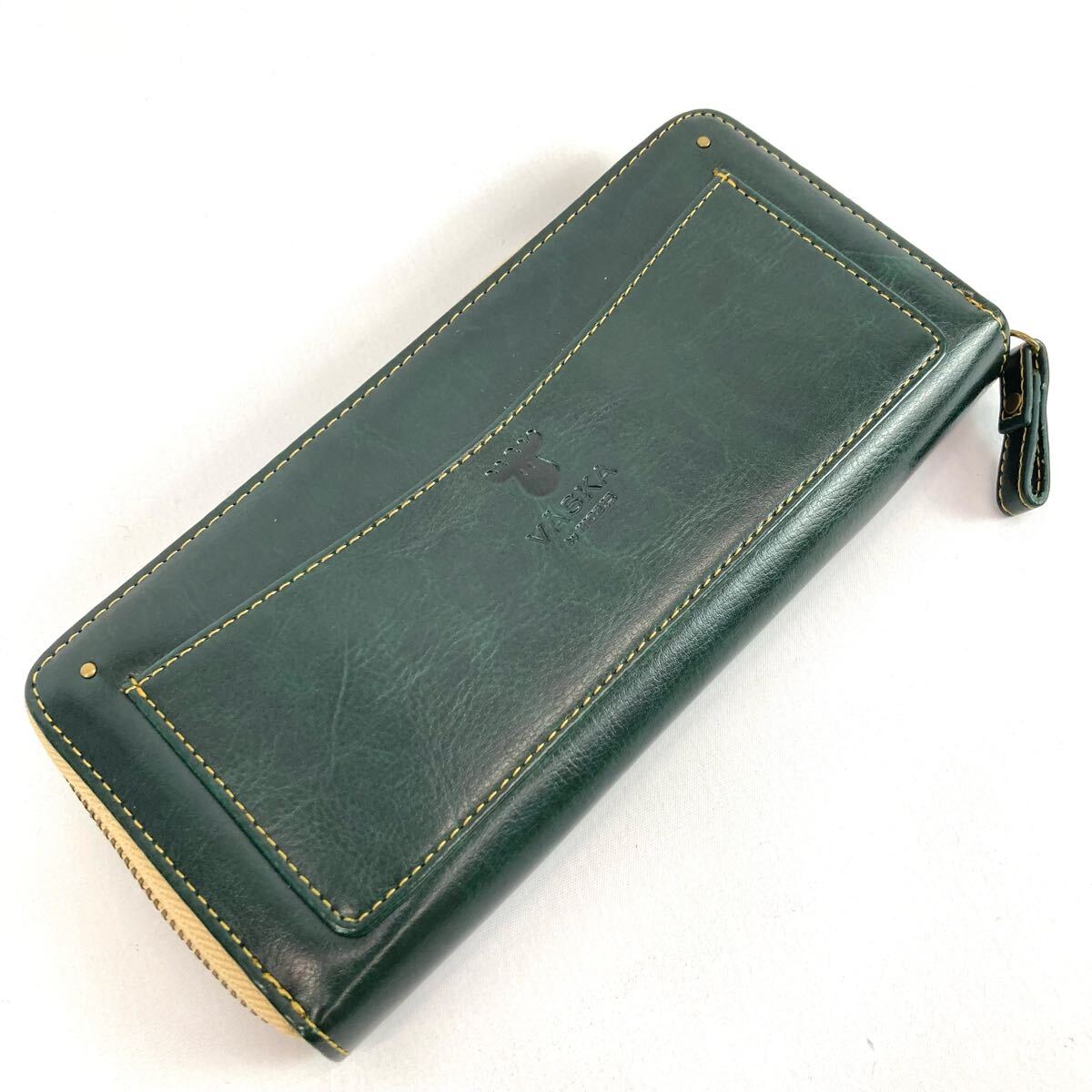 VASKA by moz ヴェスカ バイ モズ スウェーデン レザー 革長財布 ラウンドファスナー ヘラジカ モチーフ コインケース 緑 グリーン 難あり拍卖