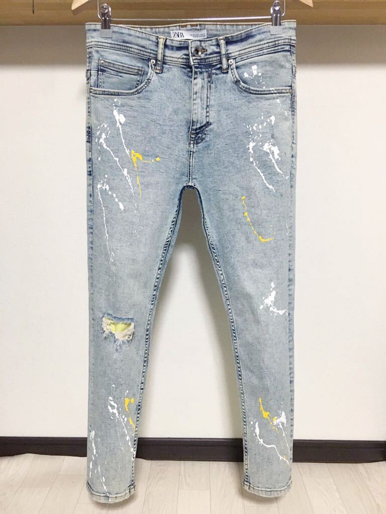 伸縮性抜群 ペイント ZARA MAN ネオン ウルトラ ストレッチ 送料230円 40 31 スキニー ダメージ デニム パンツ メンズ ジーンズ拍卖