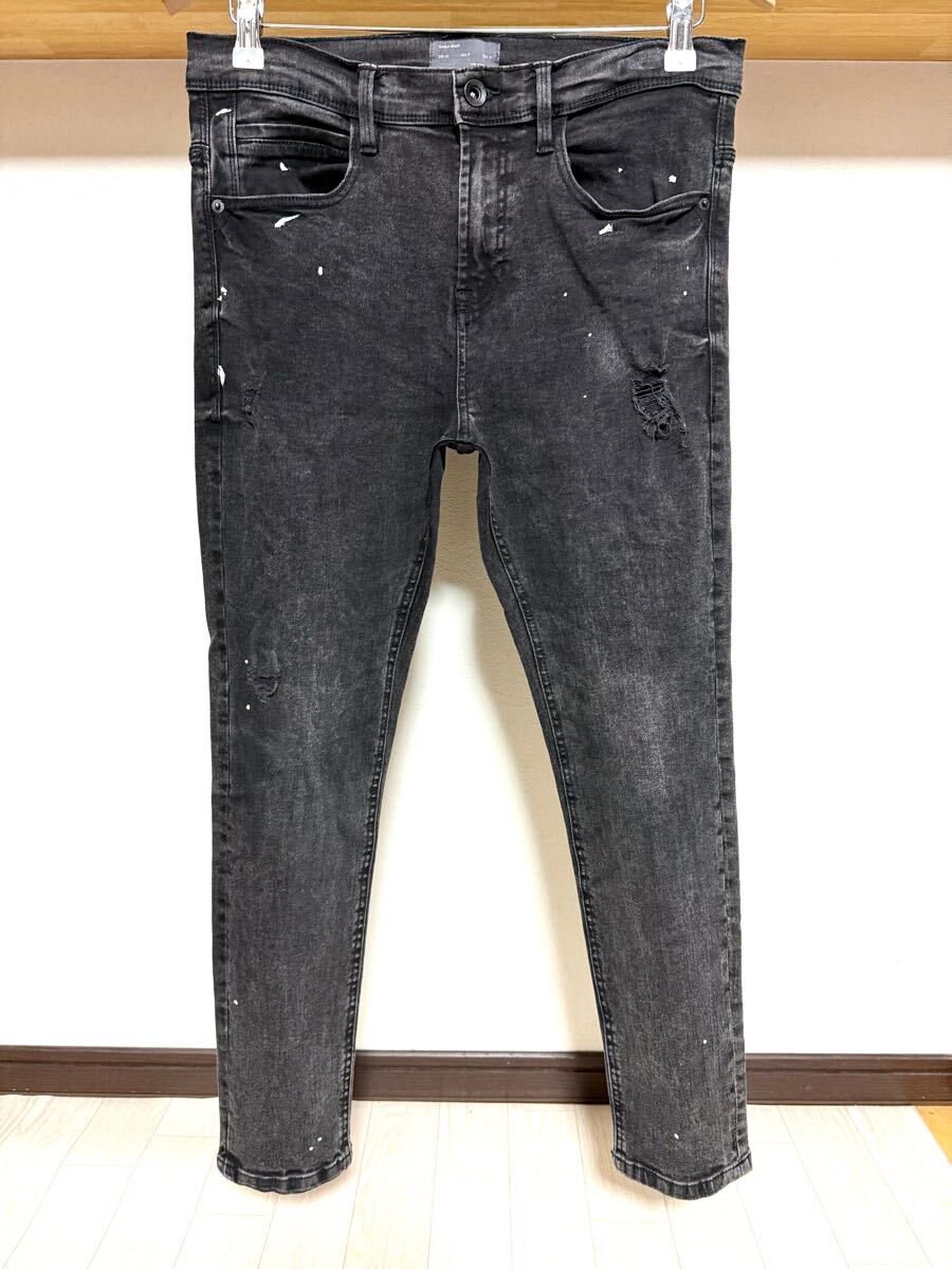 伸縮性抜群 ペイント ZARA MAN ウルトラ ストレッチ スキニー 送料230円 40 31 メンズ デニム パンツ ジーンズ ブラック 黒拍卖