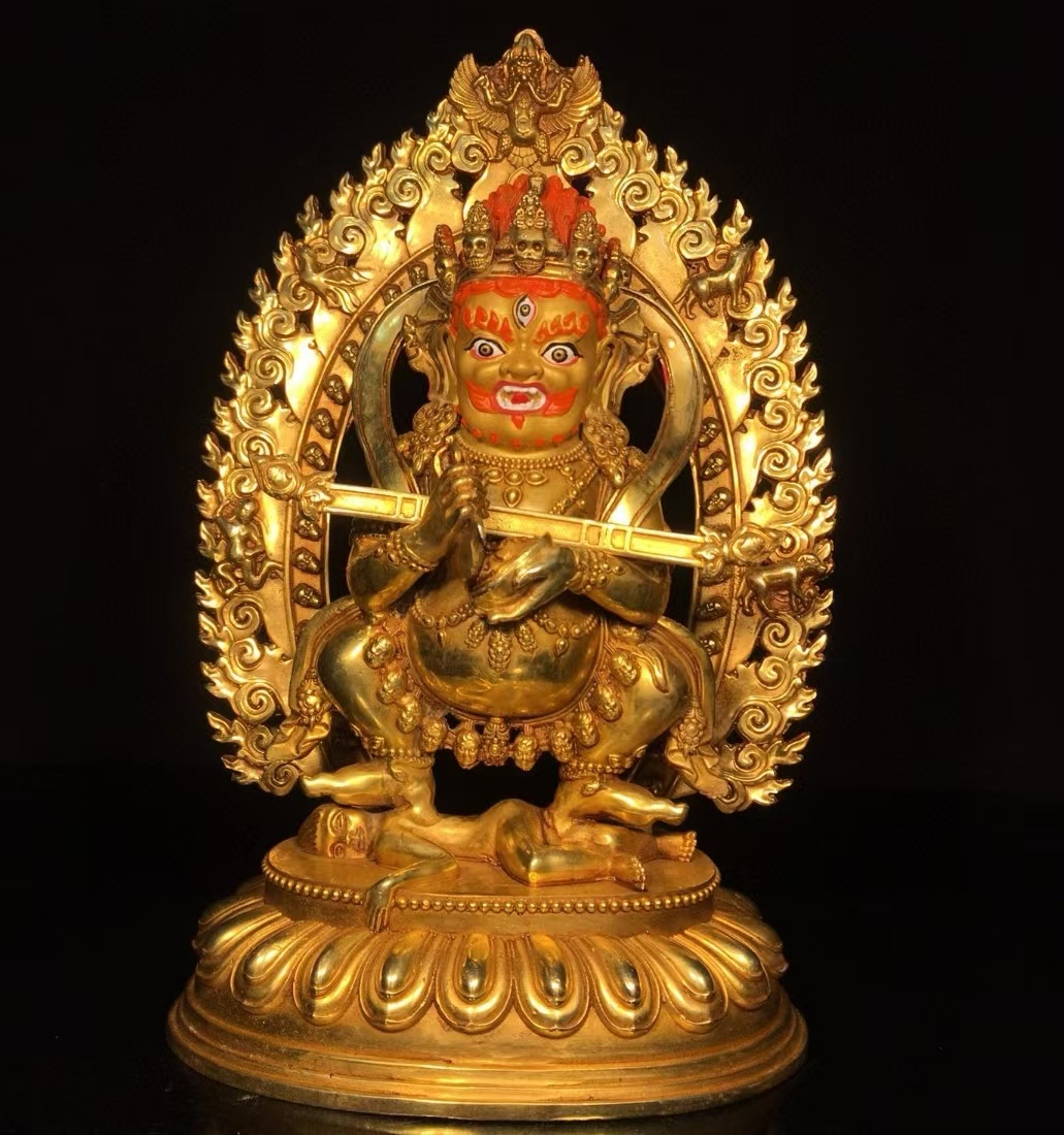 清代 古銅器 ・旧蔵 ネパール回流古銅金彩色大黒天仏像 唐物 中国古美術品 古時代物 風水古置物 2.12拍卖