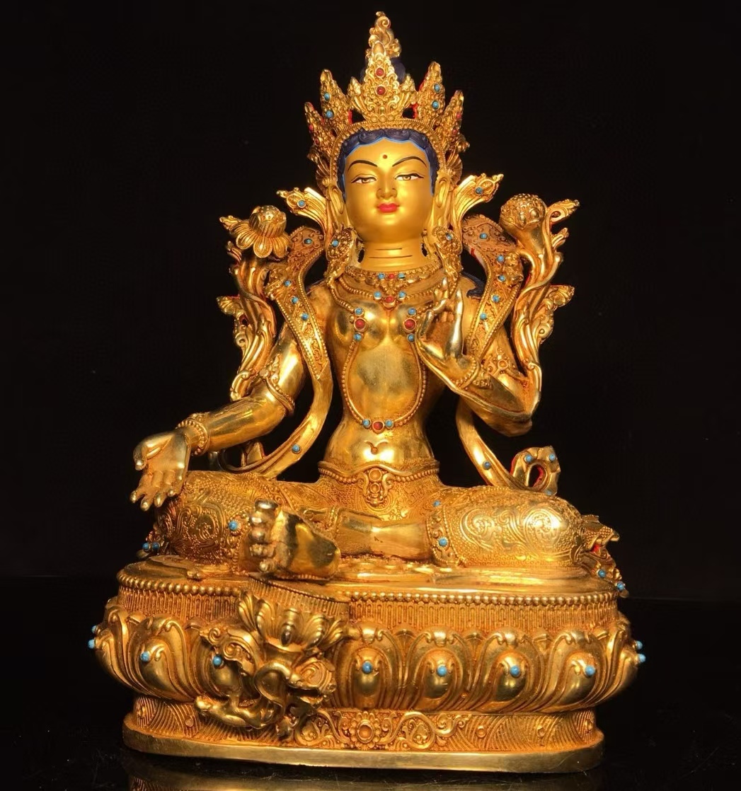 清代 31cm古銅器 ・旧蔵 ネパール還流 古銅金で彩られた緑度母仏像 唐物 中国古美術品 古時代物 風水古置物 2.12拍卖
