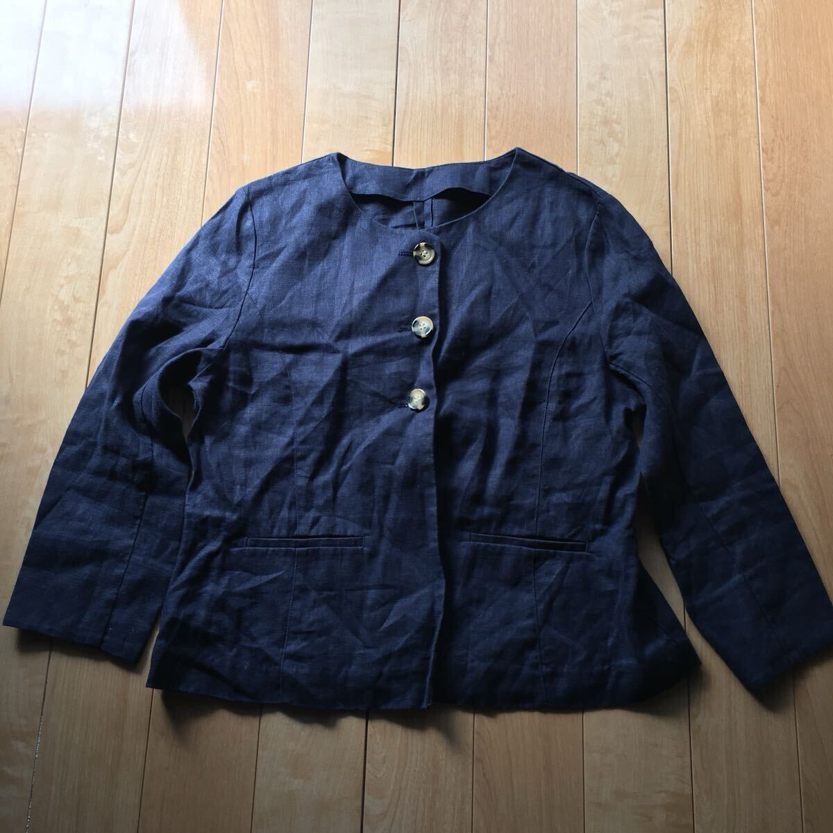 スクロール ノーカラージャケット 184-1-70 レディース LL ネイビー リネン100%拍卖