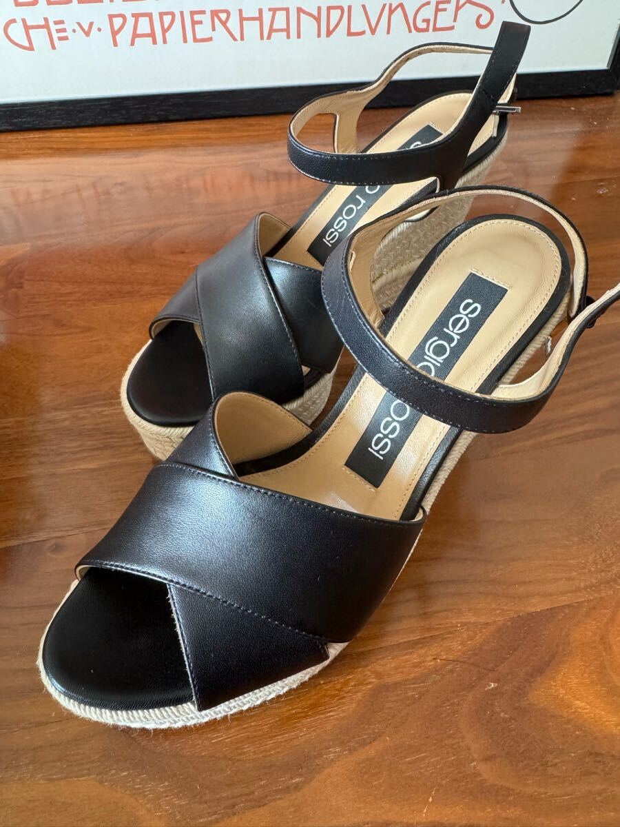 セルジオロッシ アンクルトラップ ウェッジソールサンダル サイズ36ハーフ 23.0cm 23.5cm A84490 レザー 黒 サンダル Sergio Rossi拍卖