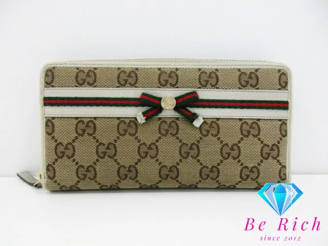 グッチ GUCCI ラウンド ファスナー 長財布 307995 メイフェア GG キャンバス レザー リボン シェリー ウェブ ブラウン 【中古】bs3691拍卖