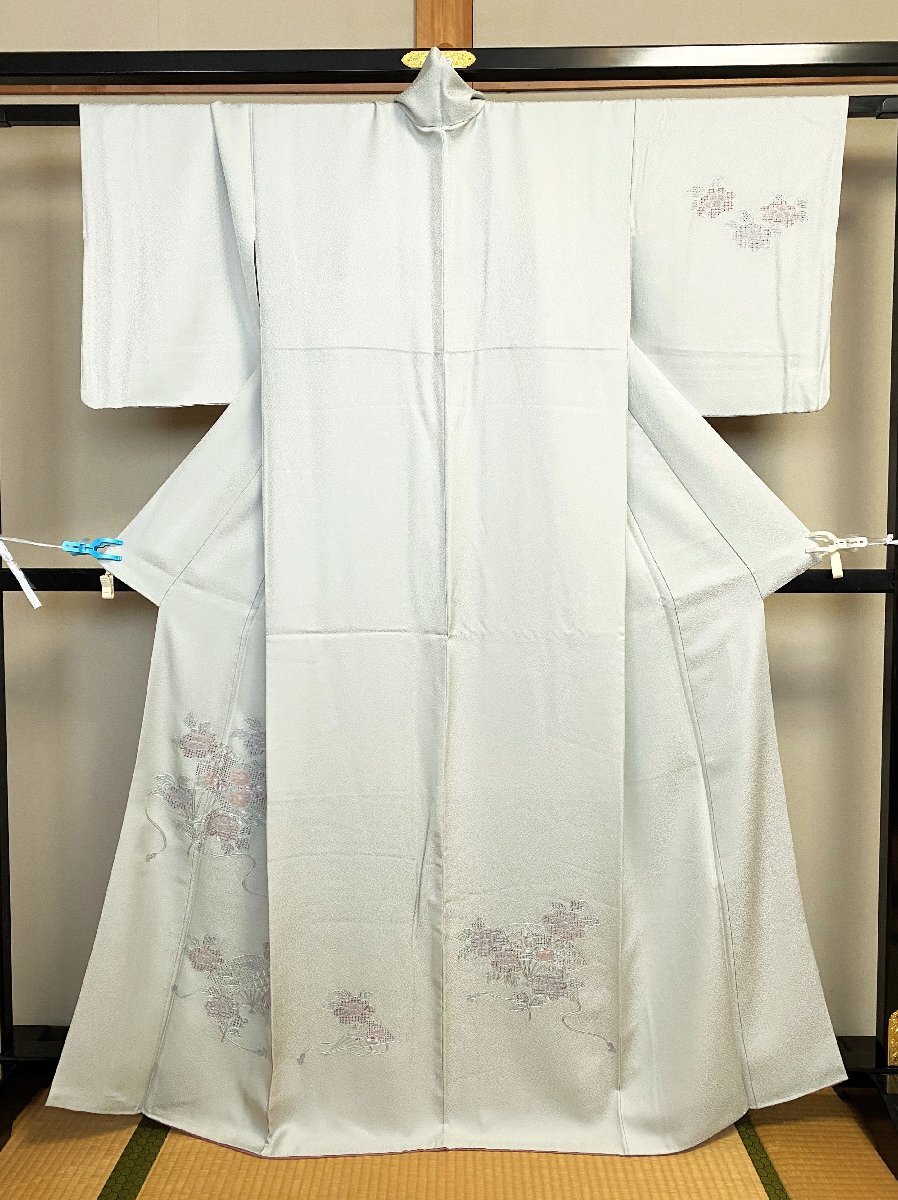 15B/アンティーク★女性着物【着用可】アイスグリーン 牡丹扇刺繍 付け下げ レトロ お洒落 リメイク素材 可愛い 和装拍卖