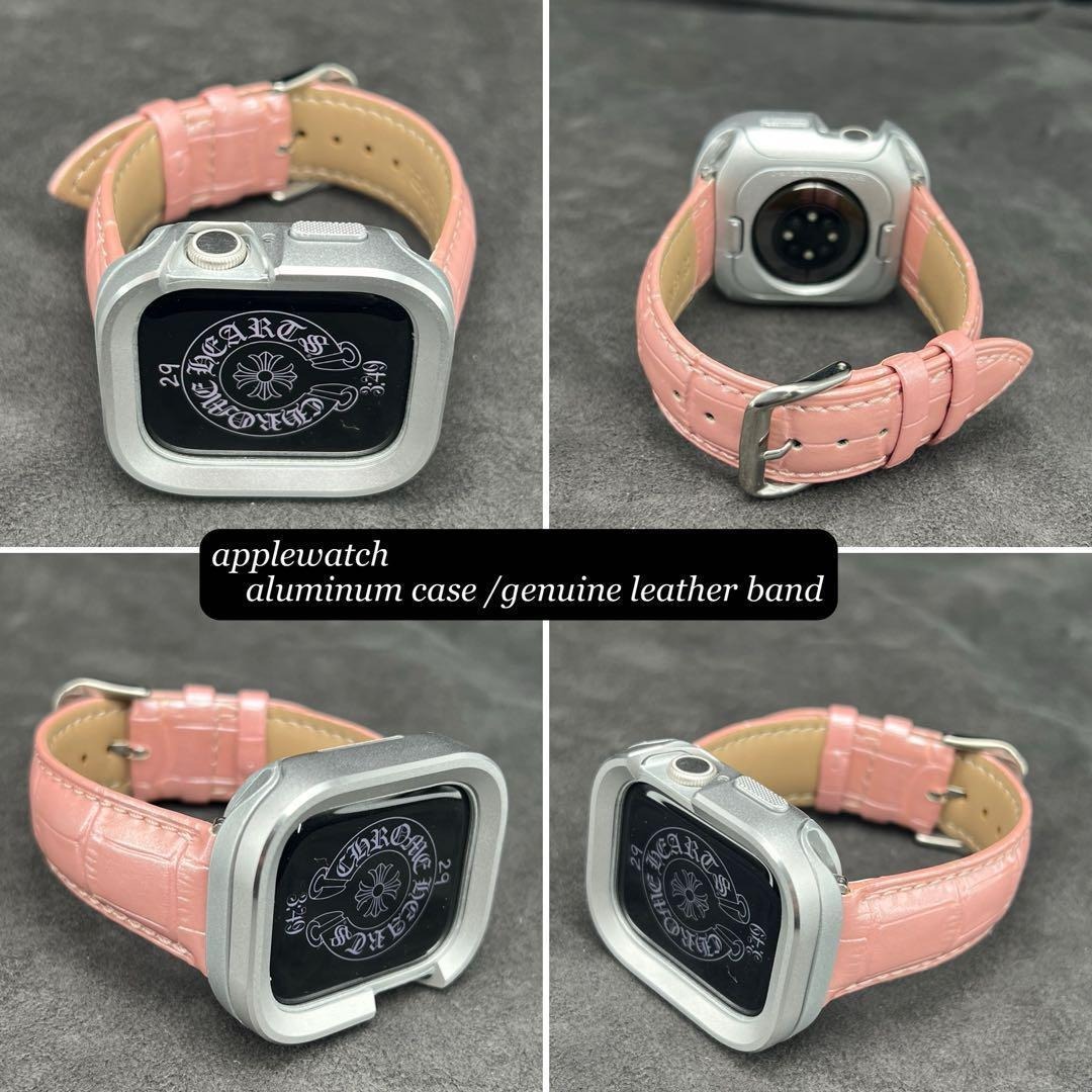 アップルウォッチ アルミニウム ケース 本革ピンク レザー ベルト applewatch シリーズ10 ウルトラ拍卖