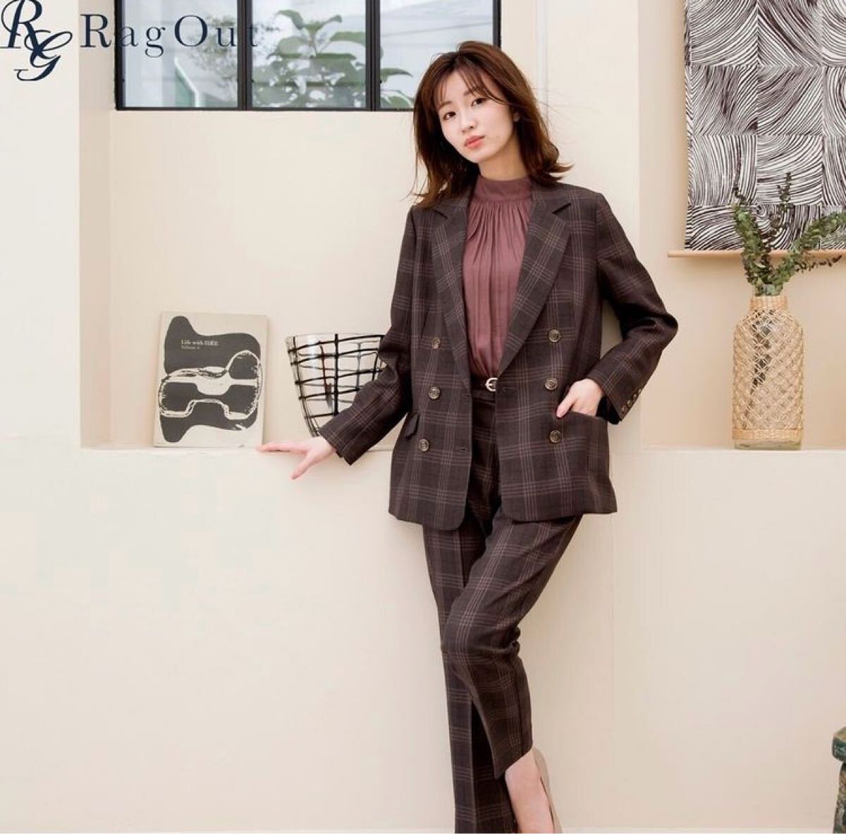 RagOut チェック柄 ダブルブレザー ジャケット セットアップ ブラウス拍卖