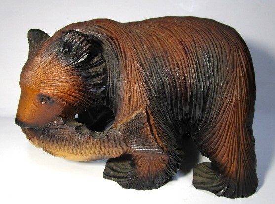 稀少 昭和レトロ 旧家蔵出し★熊 細かい毛彫り 木彫り クマ ヒグマ 羆 彫刻 毛彫り 北海道 工芸品 民芸品 置物 全長19.4cm★《検》やくも拍卖