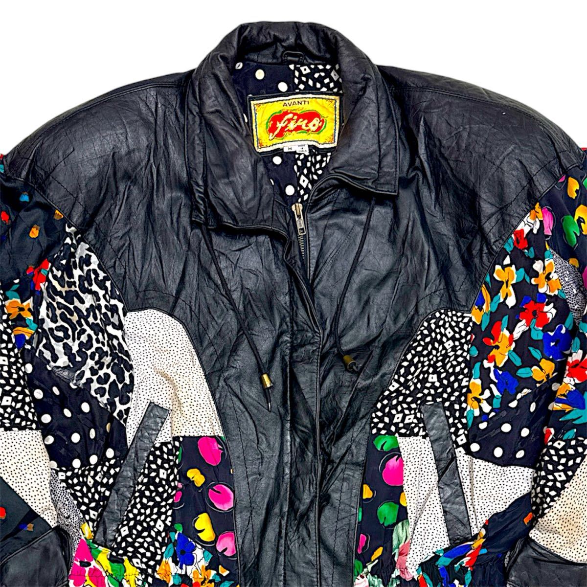【希少】80s AVANTI firo USA古着 アメリカ古着 ビンテージ 長袖 ジャケット 総柄 レザー レザージャケット アウター ブルゾン ライダース拍卖