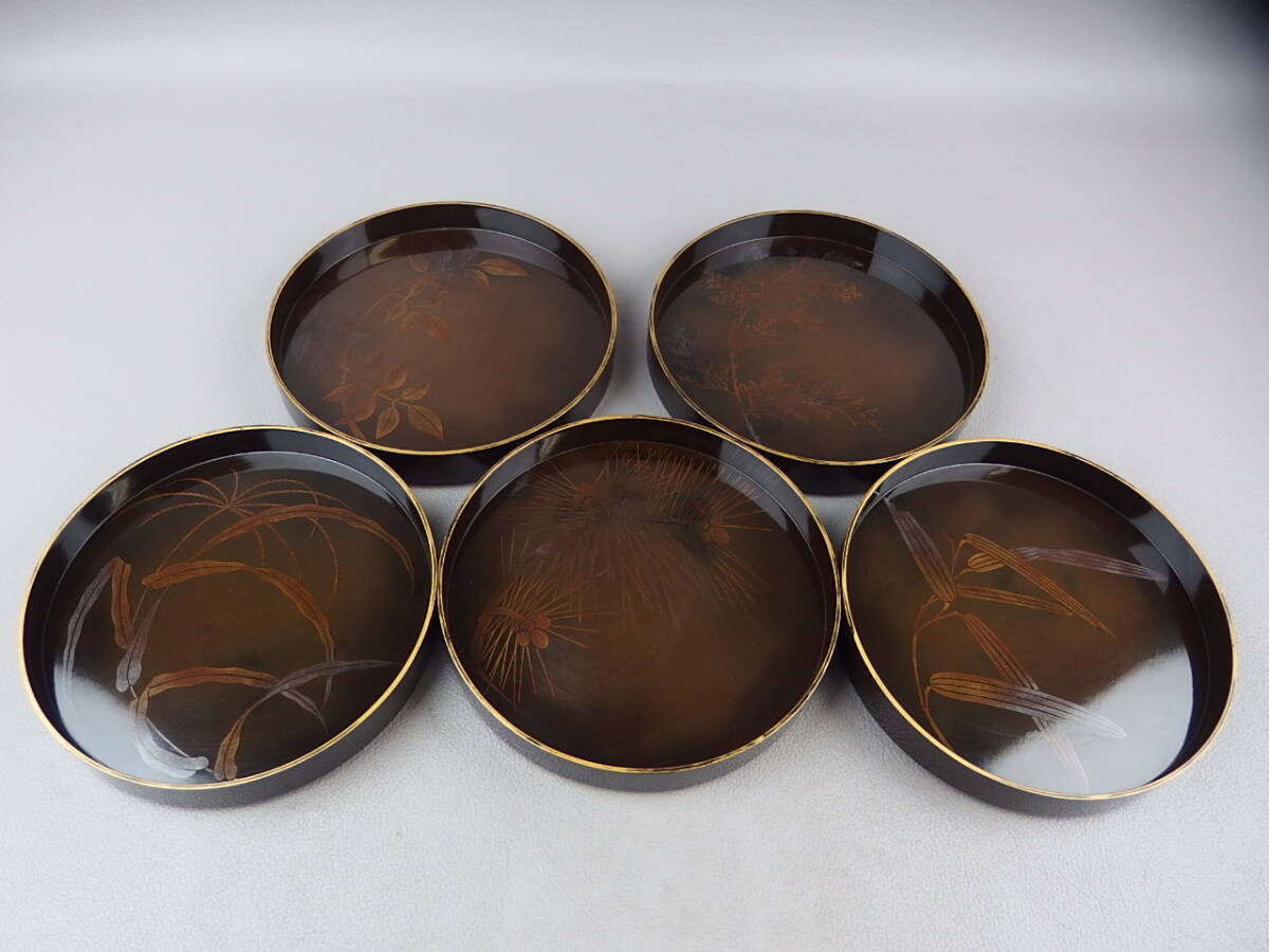 【骨董・茶道具】★古い 蒔絵★★図変わり銘々皿 5客 fr044wb.7 丸盆 菓子器 和食器拍卖