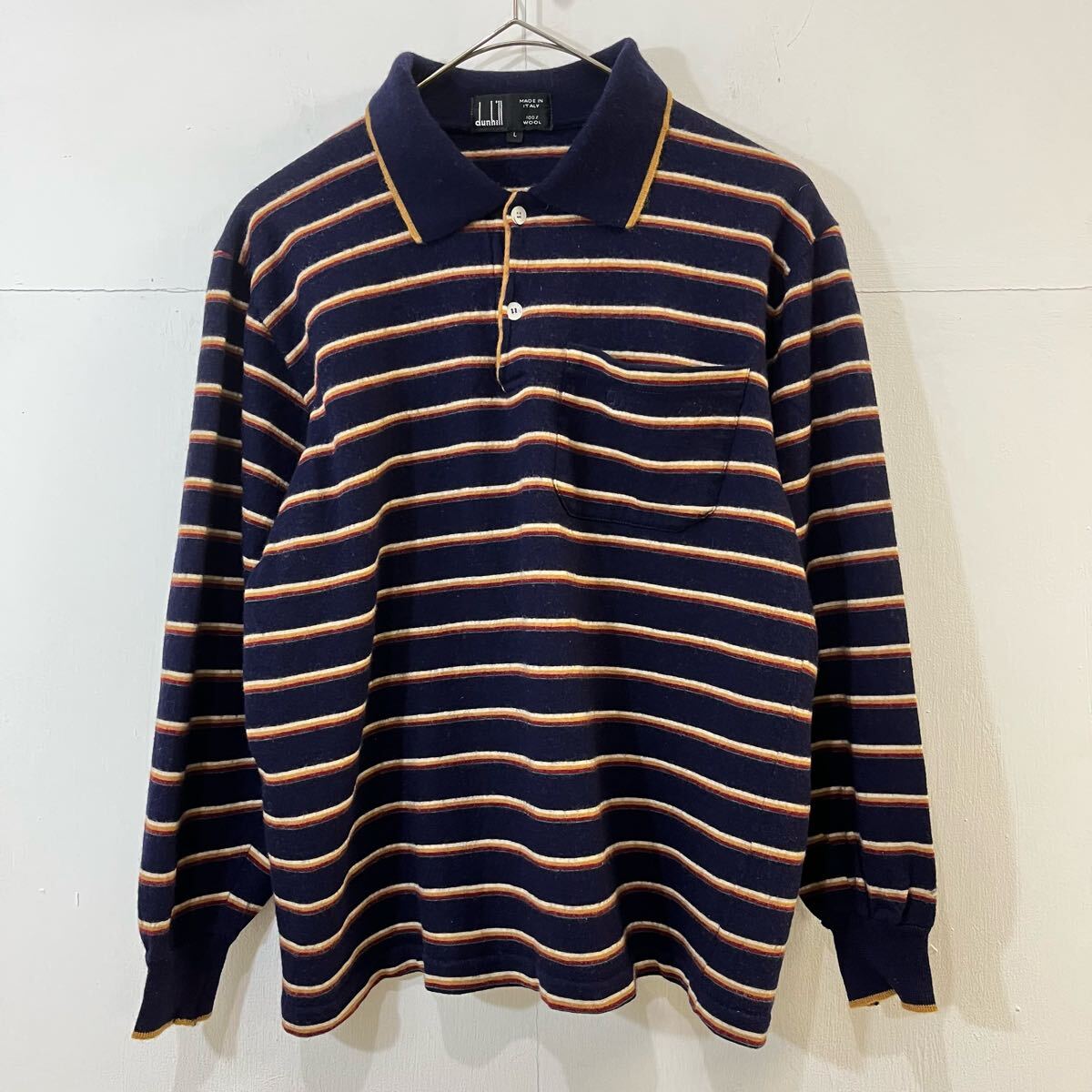 VINTAGE dunhill イタリア製 ニットポロシャツ 総柄 ボーダー柄 長袖 ウールポロシャツ 刺繍ロゴ ダンヒル【レターパックプラス郵送可】R拍卖