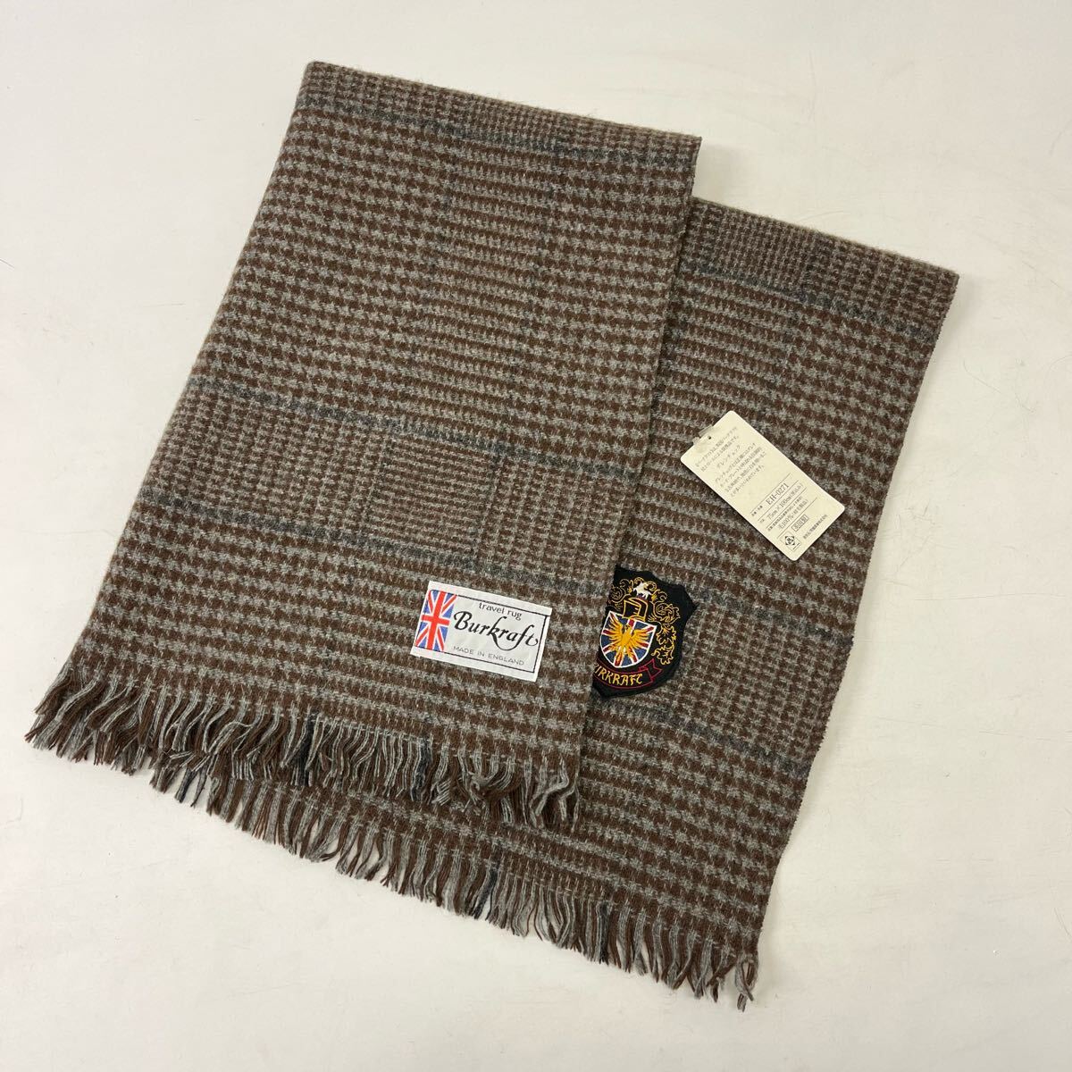 新品未使用タグ付き Burkraft 英国製 イギリス製 グレンチェック 総柄 ブランケット フリンジ ワッペン 上質【レターパックプラス郵送可】T拍卖