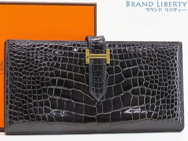 ほぼ新品 エルメス ベアンスフレ アリゲーター シャイニー 二つ折り長財布 マチ有り クロコダイル ブラック ゴールド金具 □J拍卖