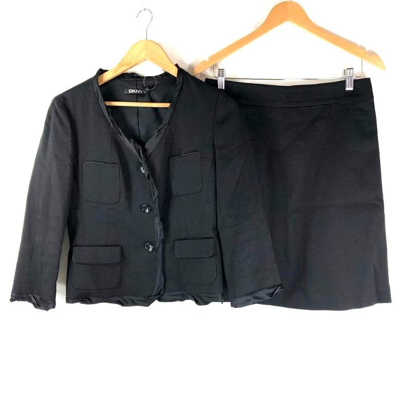 ダナキャランニューヨーク DKNY セットアップ ジャケット スカート スーツ フリル 麻 絹 ポケット 黒 6サイズ 935474拍卖