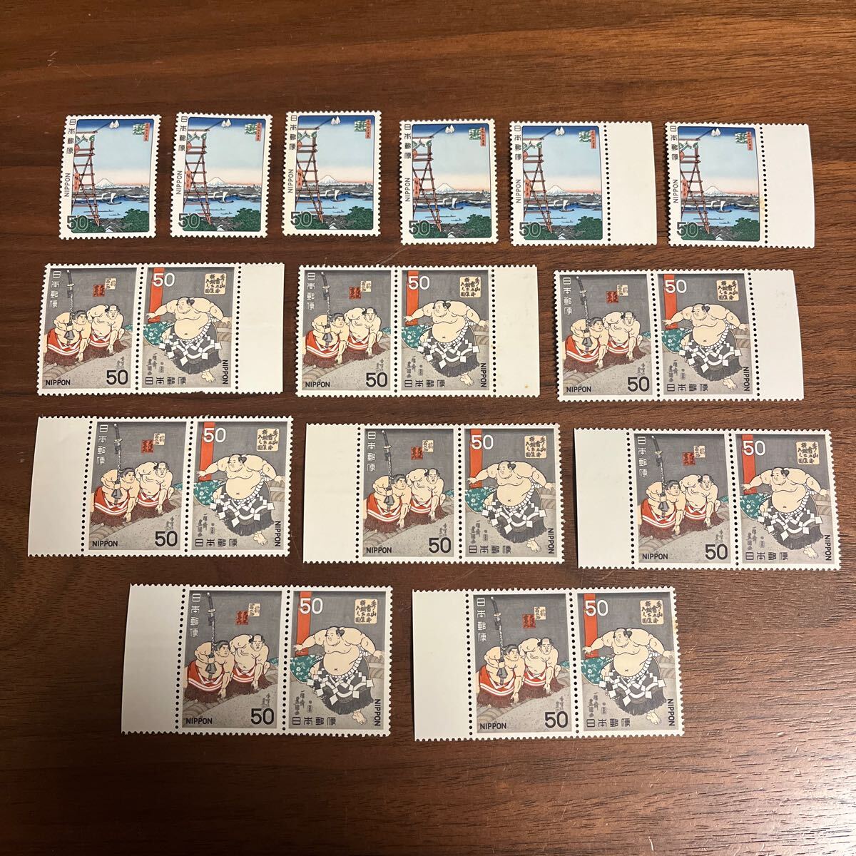 切手 相撲絵シリーズ 3種 50円×22枚 額面1,100円拍卖