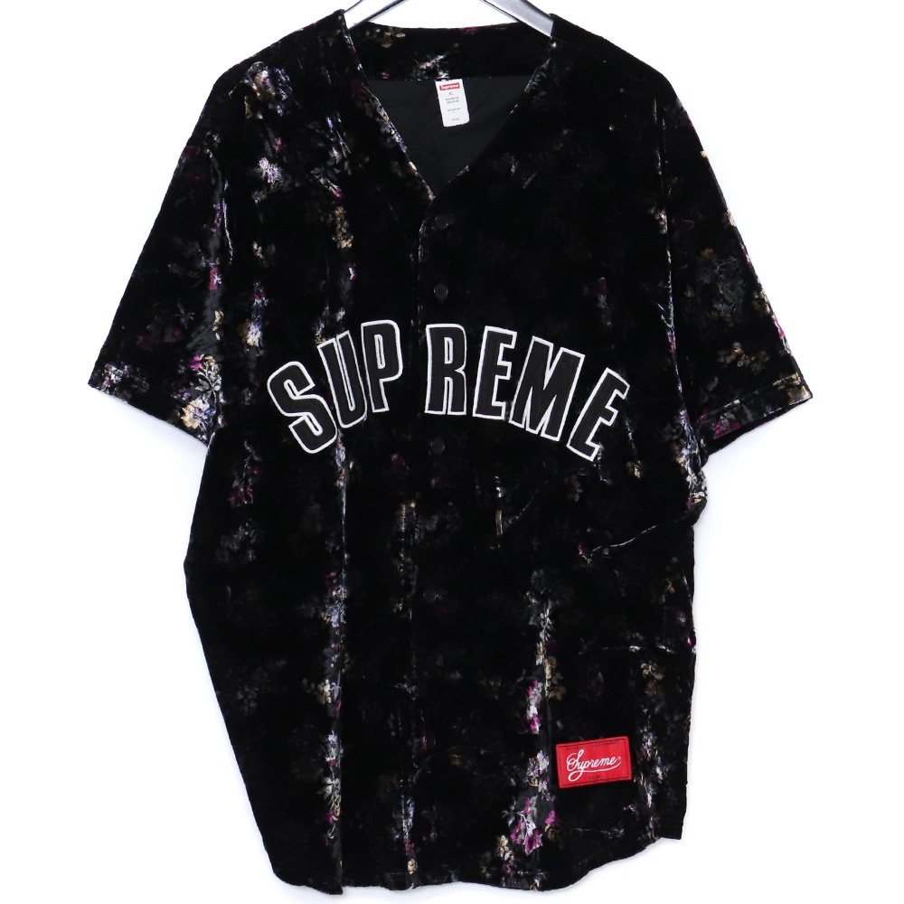 SUPREME 19AW Floral Velour Baseball Jersey XLサイズ ブラック シュプリーム 花柄 ベロア 半袖 ベースボールシャツ拍卖