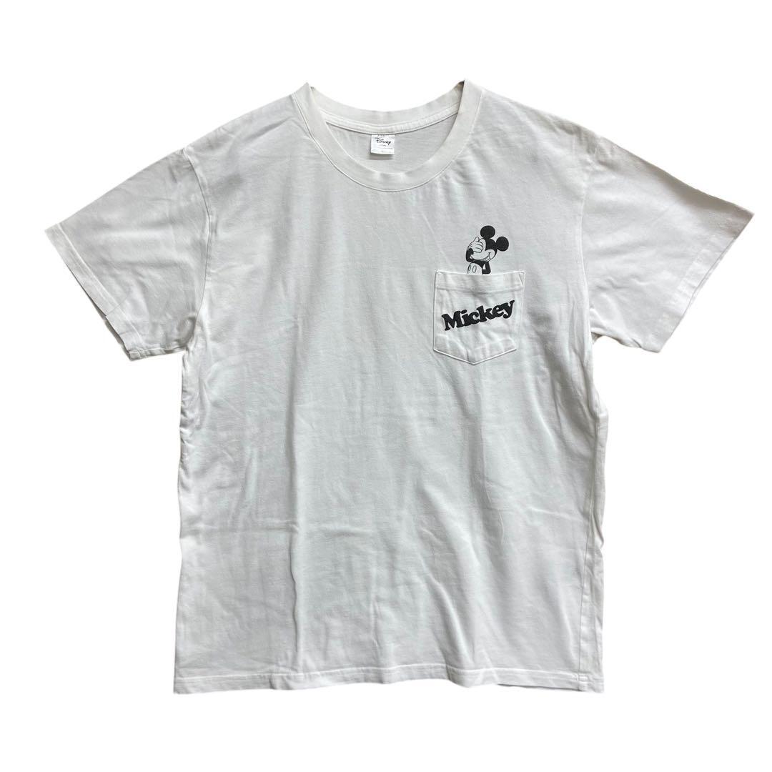 ディズニー レディースTシャツ L 白 ミッキー 胸ポケット 普段着【2108】拍卖