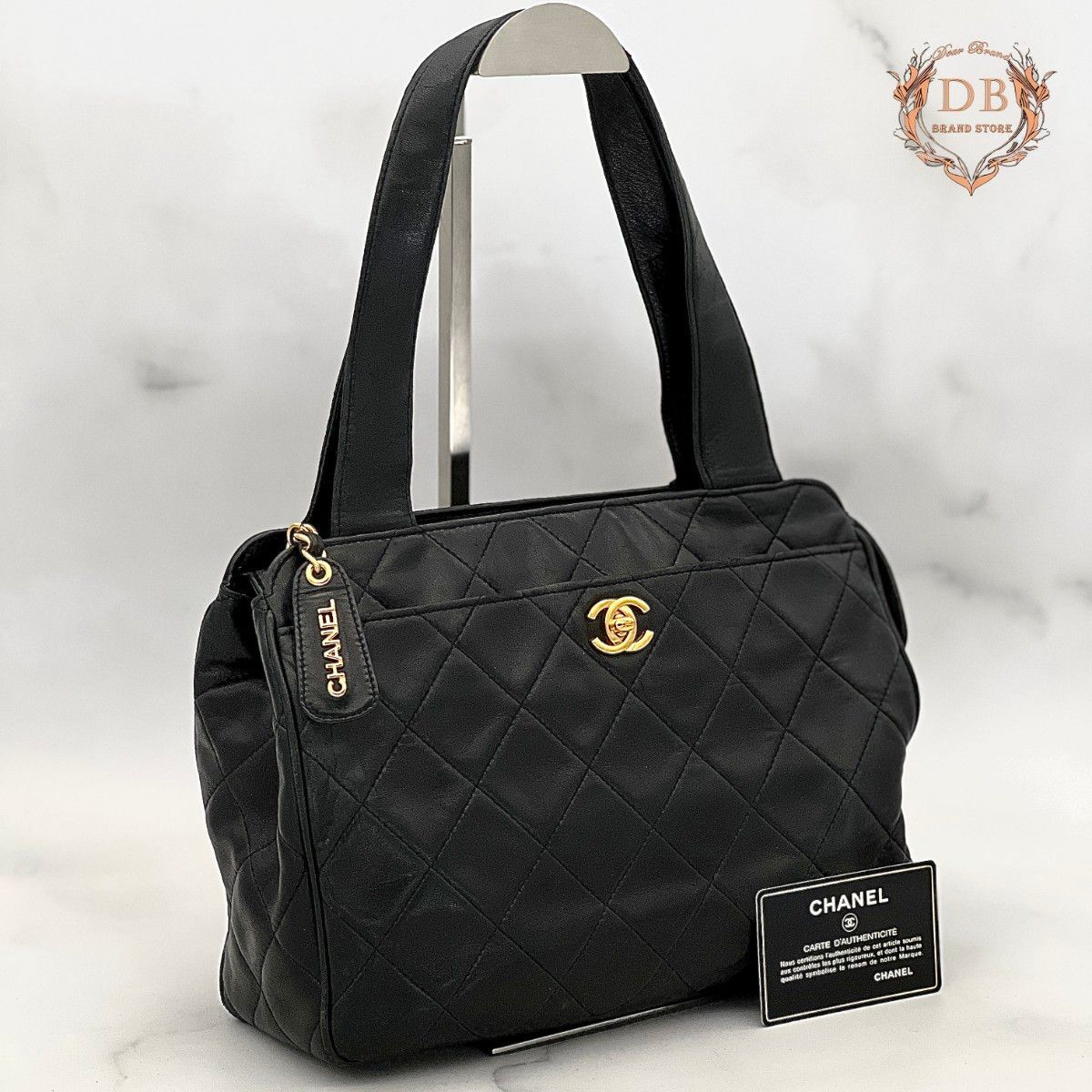 カード付♪ シャネル マトラッセ ターンロックポイント ラム トート 肩掛け ブラック CHANEL レディース バッグ ゴールド 金 鑑定済み Auth拍卖