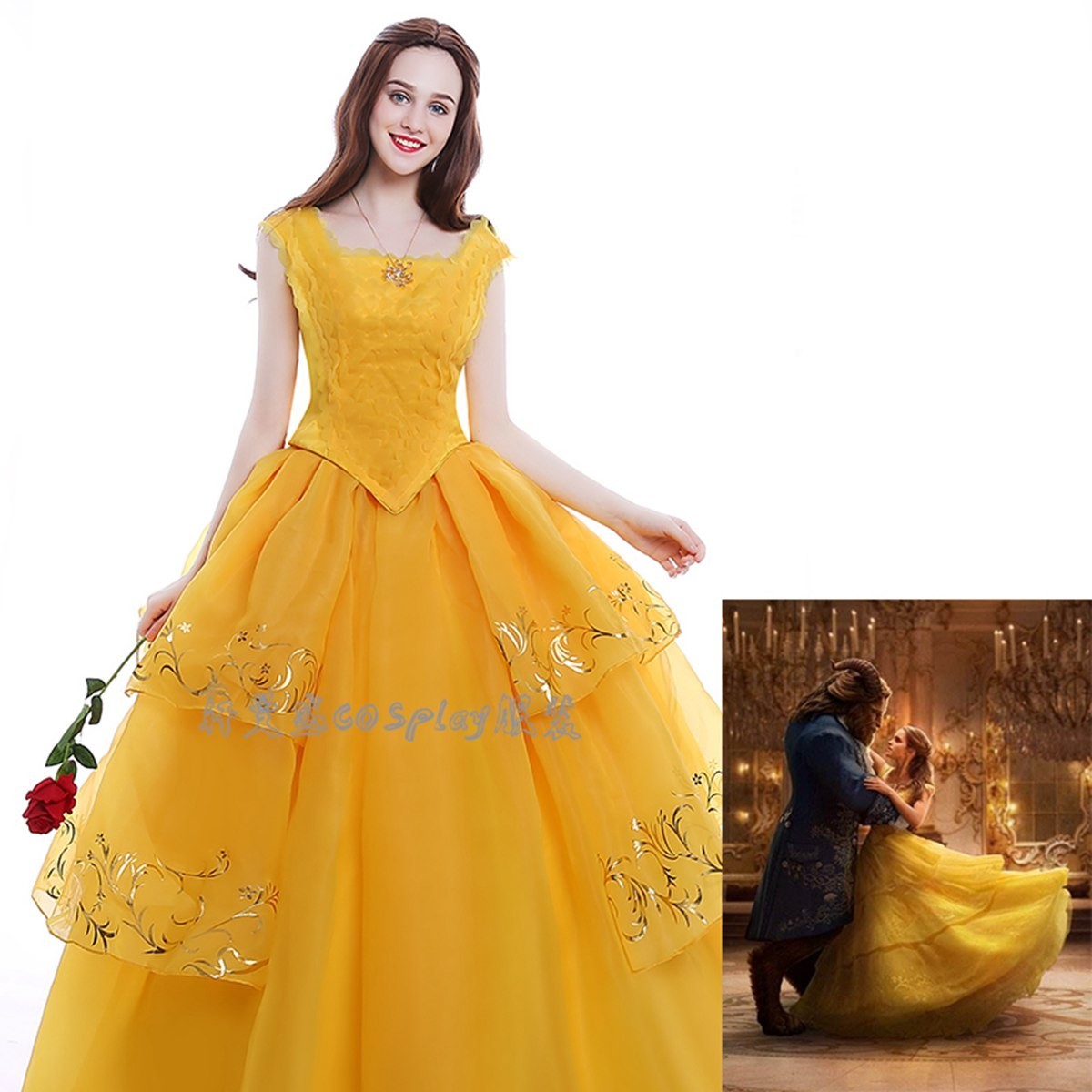cos6657工場直販 高品質 修正版コスプレ衣装ディズニー ハロウィン 美女と野獣ベル 2017 実写映画+バニエ+バラ拍卖