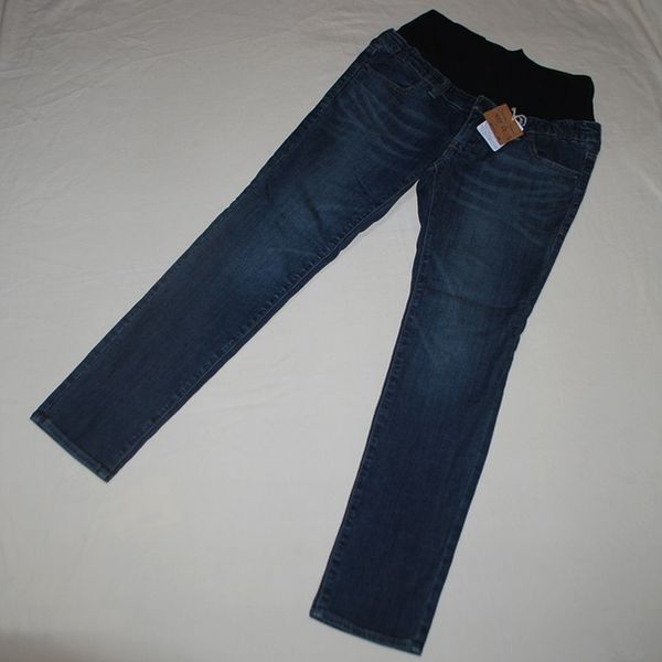 Last マタニティ M 股下76 よく伸びる綿ストレッチ総リブ 脚長ジーンズ ダークブルー拍卖