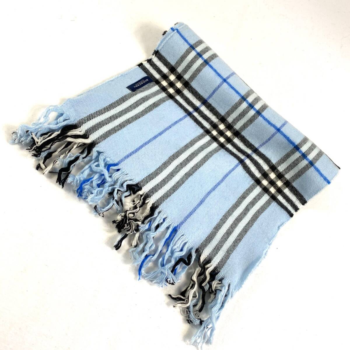 t1498 バーバリーロンドン カシミア サックスブルー 水色 ノバチェック 男女兼用 ストール 人気カラー フリンジ拍卖