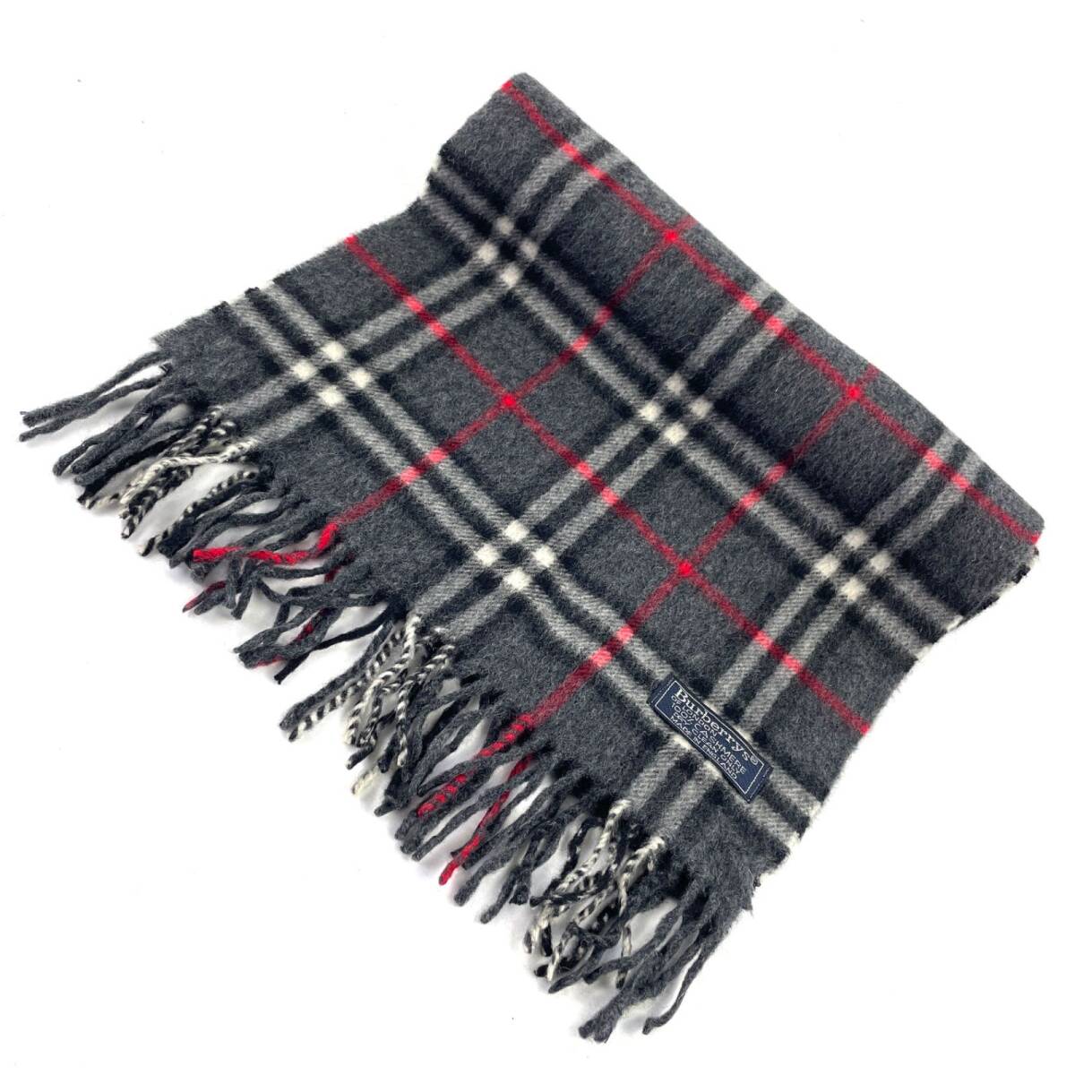 t1609 バーバリーズオブロンドンマフラー カシミア100% グレーノバチェックフリンジマフラー イギリス製拍卖