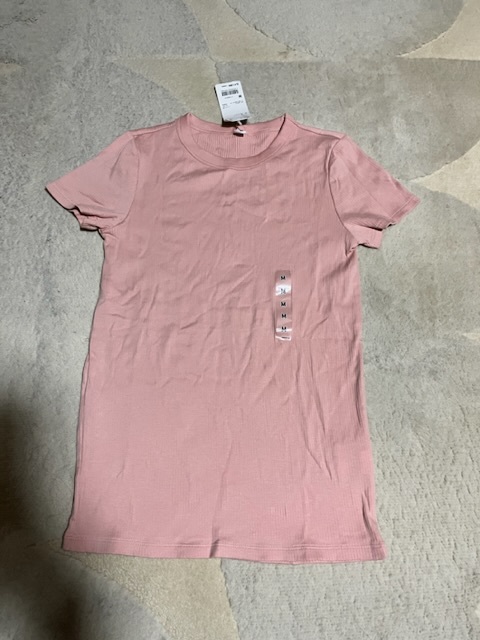 新品ユニクロUNIQLOスーピマコットンリブクルーネックTシャツMピンク11拍卖