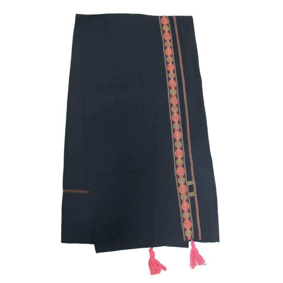 DRIES VAN NOTEN ドリスヴァンノッテン ストール ブラック系 黒 / ウール エスニック柄 刺繍入り ストール / フリンジ マフラー 小物拍卖
