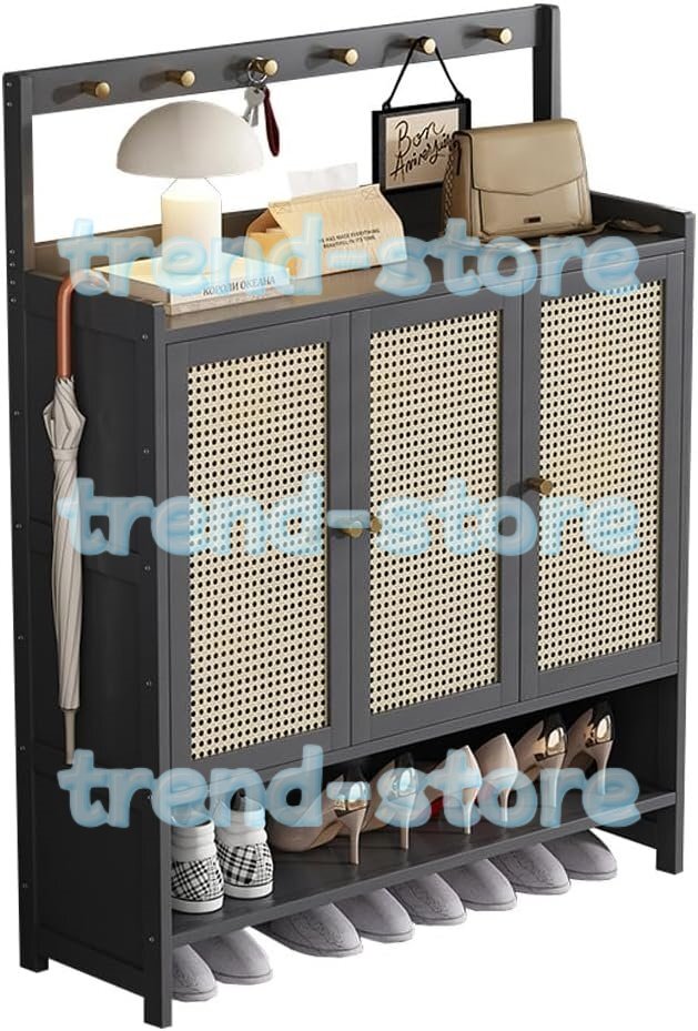 籐靴収納キャビネット、靴キャビネット、ドアとフック付き廊下収納ユニット、リビングルーム廊下用スリムシューズラックオーガナイザー拍卖