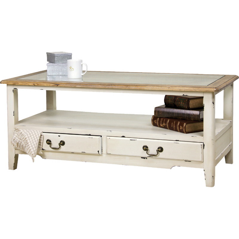 コーヒーテーブル 【アイボリー】 天然木(パイン) 天然木化粧繊維板(アッシュ) ラッカー塗装 8mm強化ガラス拍卖