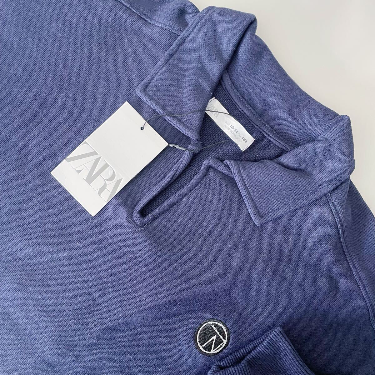 新品 164 ZARA BOYS 刺繍パッチ ポロ スウェット シャツ ネイビー 160 170 13-14歳 ネイビー ブルー キッズ 男の子 拍卖