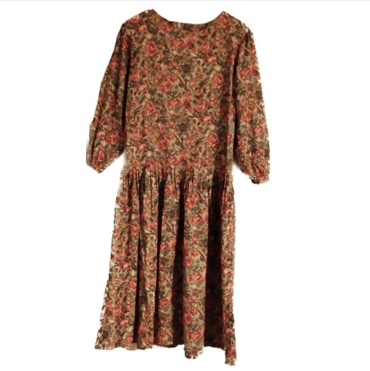匿名配送 花柄 オーバーサイズコットン長袖ロングワンピース ブラウン バラ 茶系 ローズ ボタニカル拍卖
