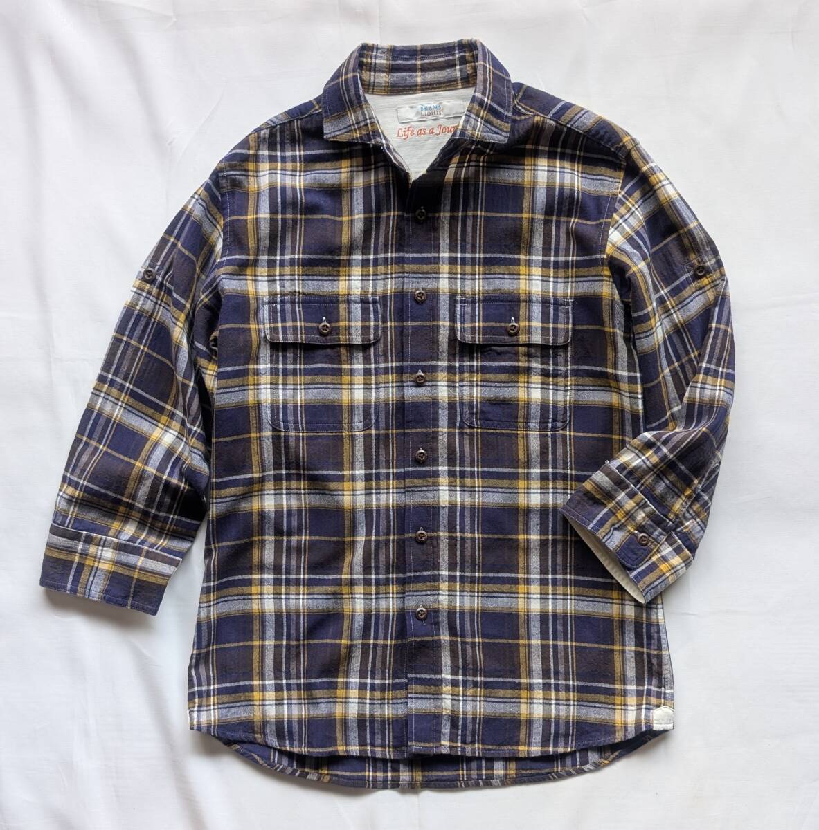 送料無料 BEAMS LIGHTS ビームス マドラス チェック ホリゾンタルカラー コットン ヘリンボーン ワークシャツ 七分袖 シャツ ガゼット拍卖