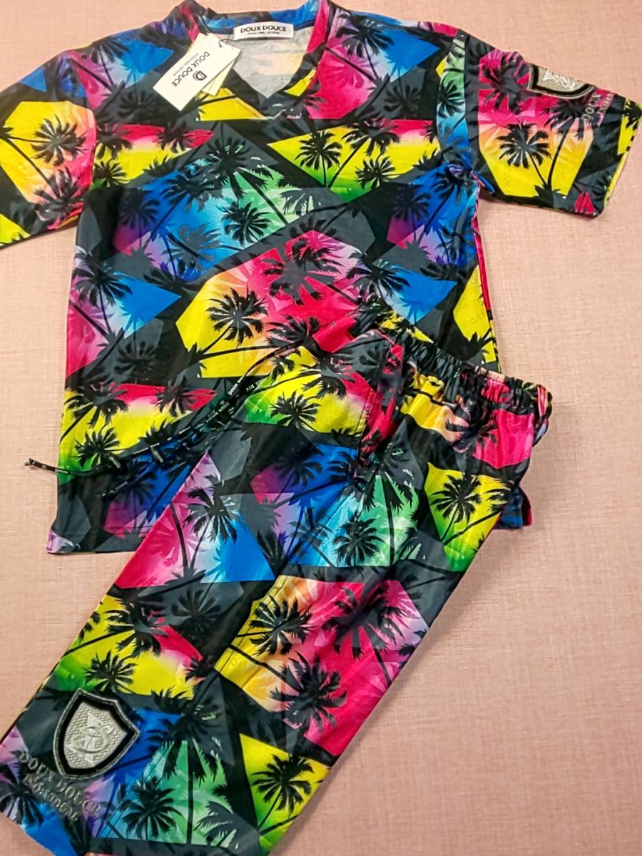 DOUX DOUCE デュークスデューチェ 新品 SALE!! 特別価格 送料無料 アロハ調 ストレッチ 半袖 上下セット Mサイズ ゆったり目 311813S-15拍卖