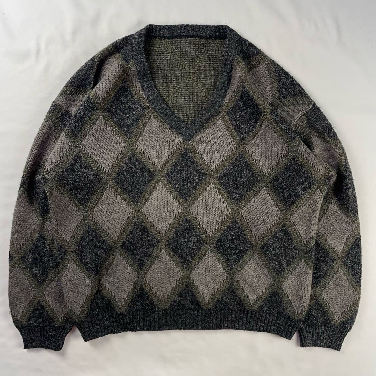 Euro Vintage フランス製 80-90s Vネック ローゲージ くすみカラー メランジ アーガイルチェック ダイヤ 幾何学模様 アート 総柄ニット拍卖