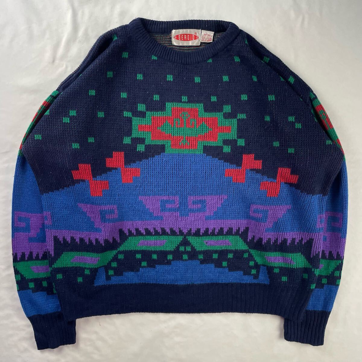 US Vintage 80-90s SERGIO アクリル100% 幾何学模様 アート クレイジーパターン ネイティブ プリミティブ 個性的 総柄 デザインニット拍卖