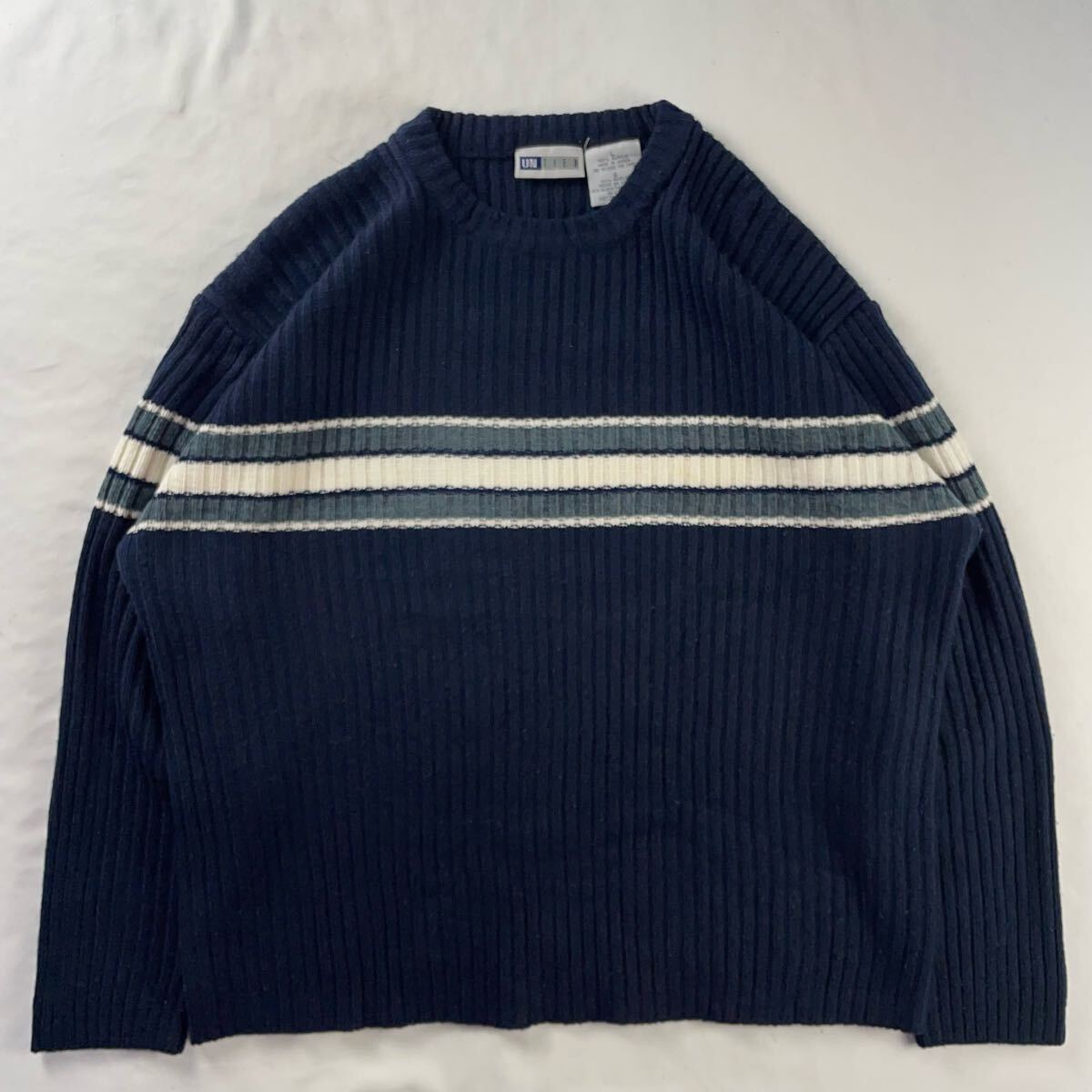 US Vintage 90s UNTIED アクリル100% 立体 3D リブ編み ボーダー ネイビー デザインニット拍卖