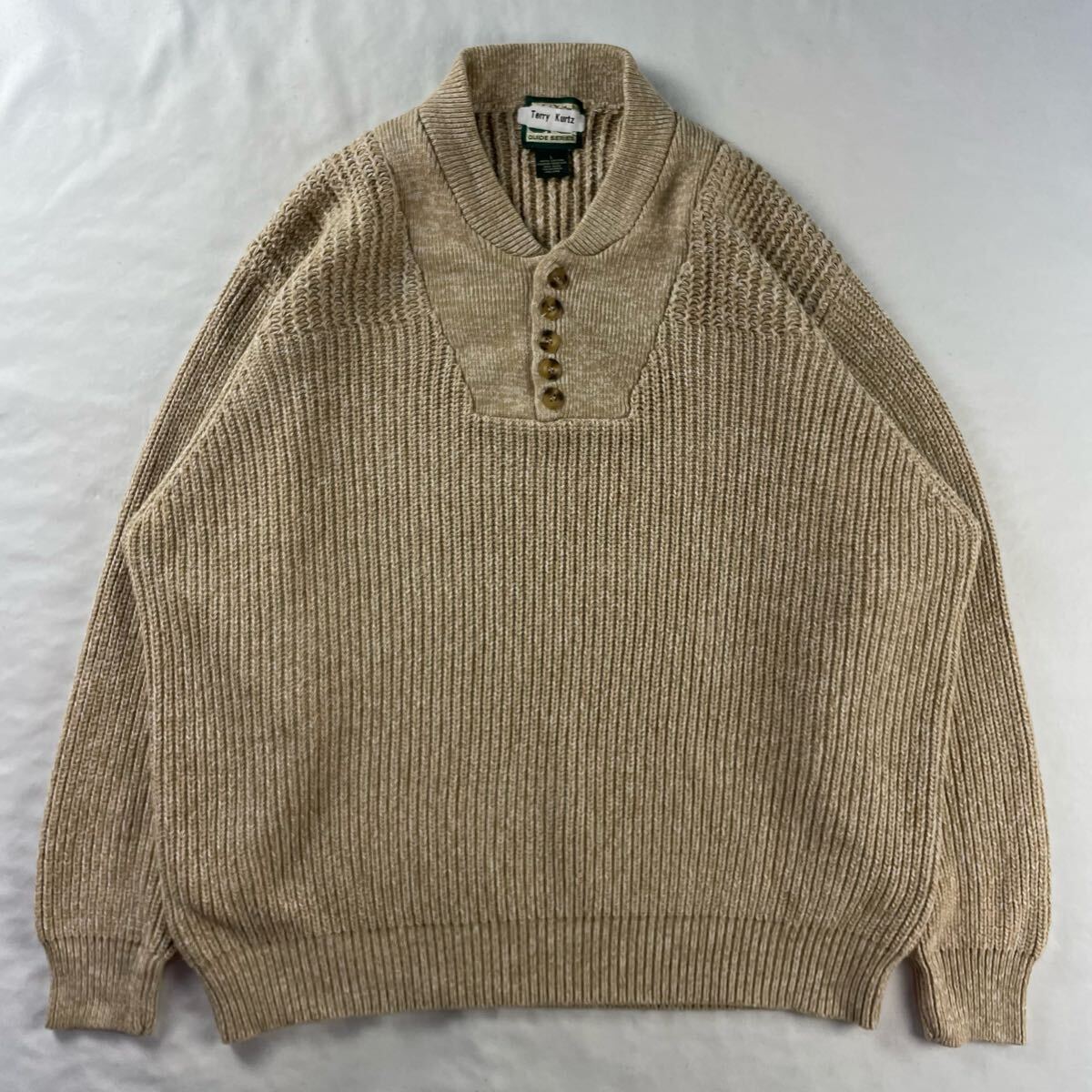 US Vintage 80-90s? GUIDE SERIES コットン100% ヘンリーネック ローゲージ 暖色 メランジ 単色 プレーン ベージュ レトロ デザインニット拍卖