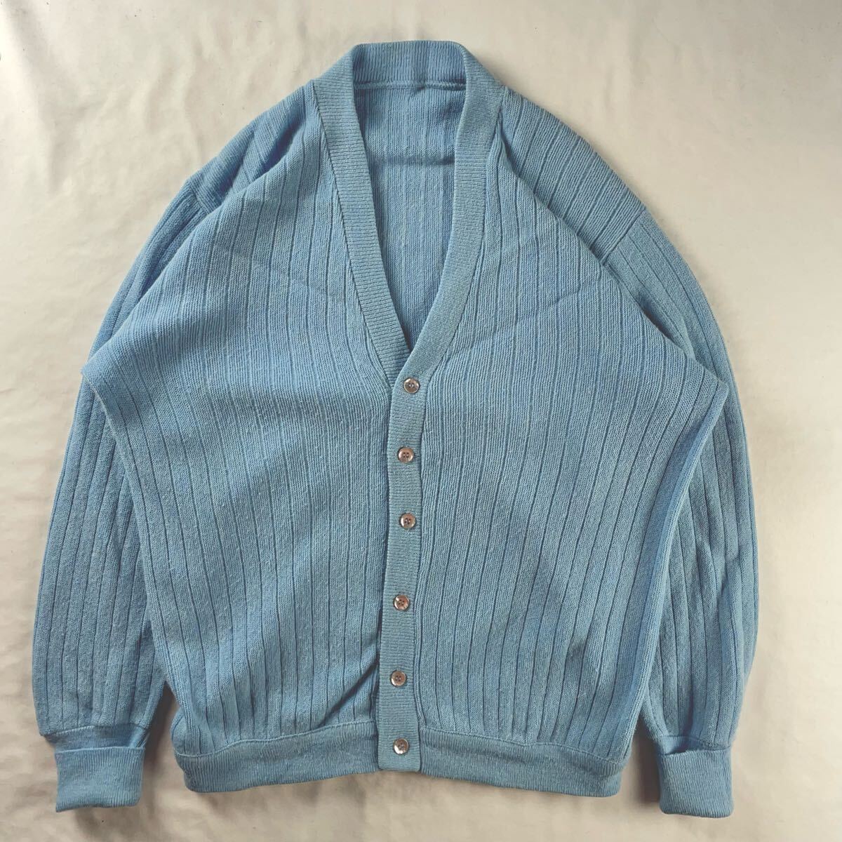 US Vintage 80-90s Unknown アクリル 単色 プレーン ライトブルー 水色 立体 3D リブ編み カーディガン拍卖
