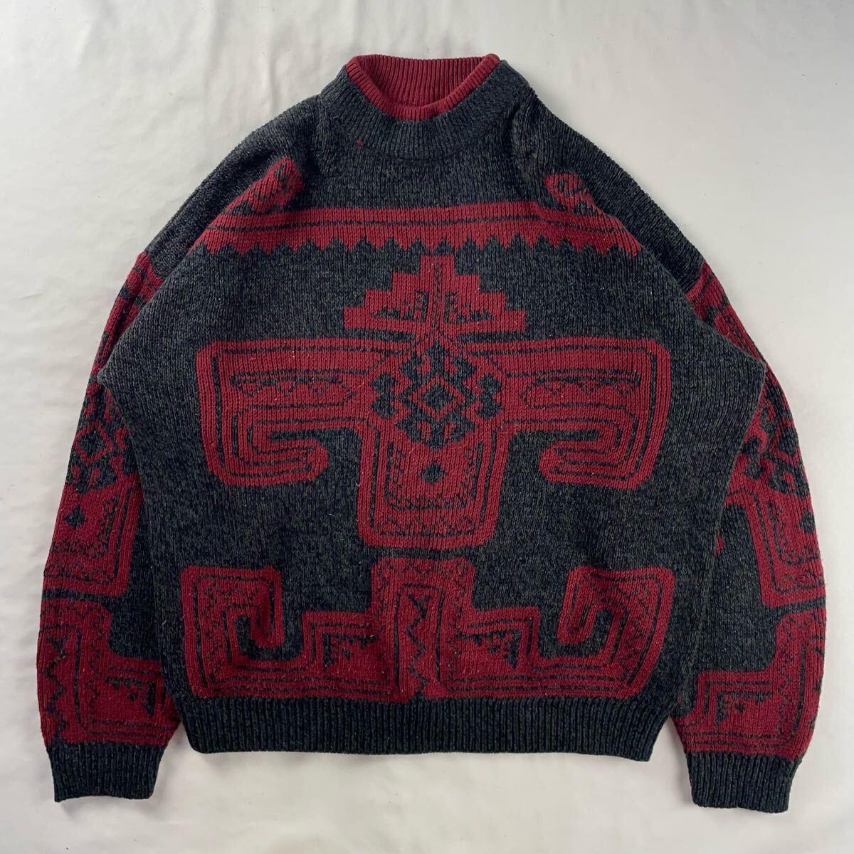 US Vintage 90s PERMIT アクリル100% くすみカラー バイカラー 幾何学模様 アート エスニック 民族 プリミティブ 総柄 デザインニット拍卖