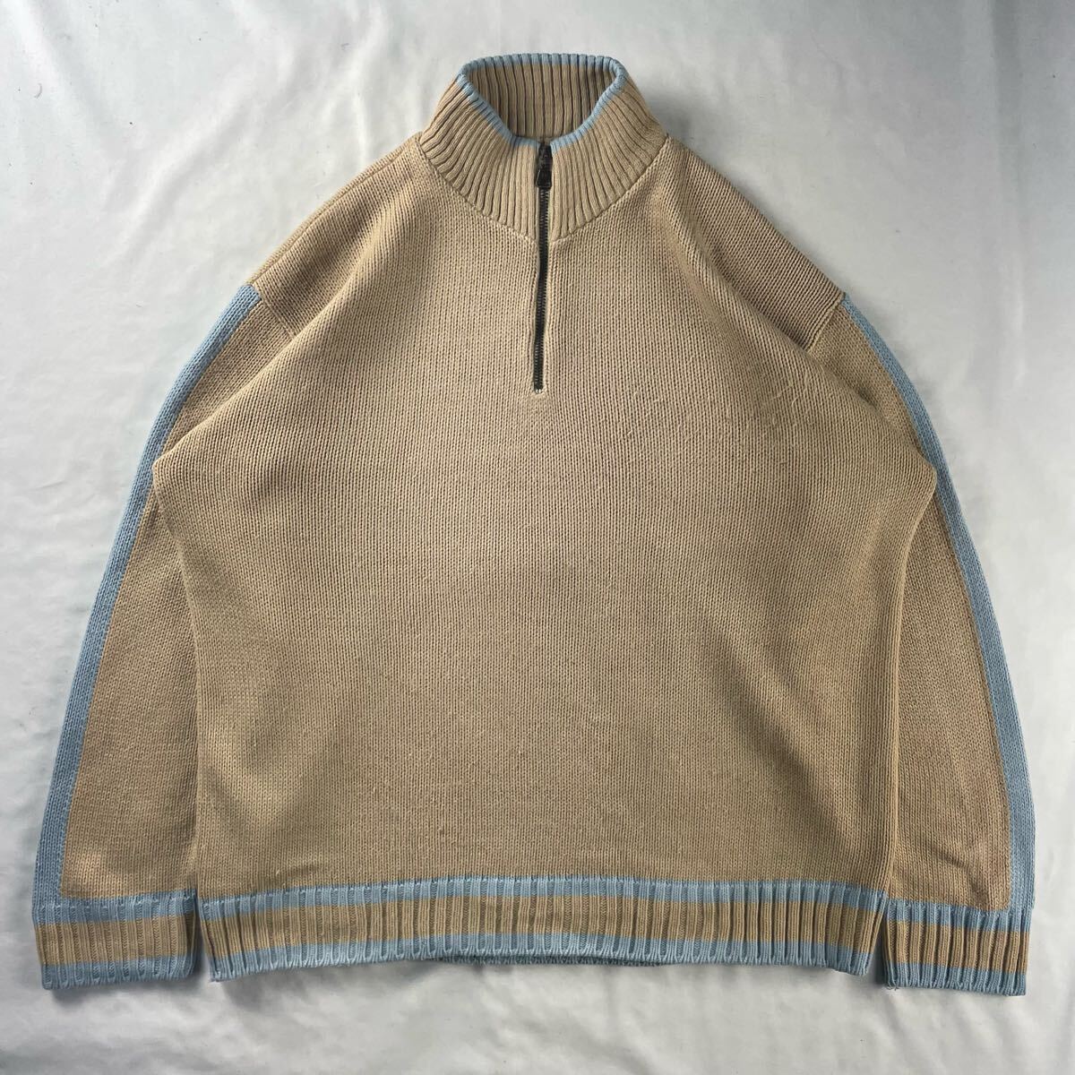 Euro Vintage イタリア製 90s Unknown アクリル70% ウール30% ハーフジップ 好配色 くすみカラー 淡色 ライン ユーロ デザインニット拍卖