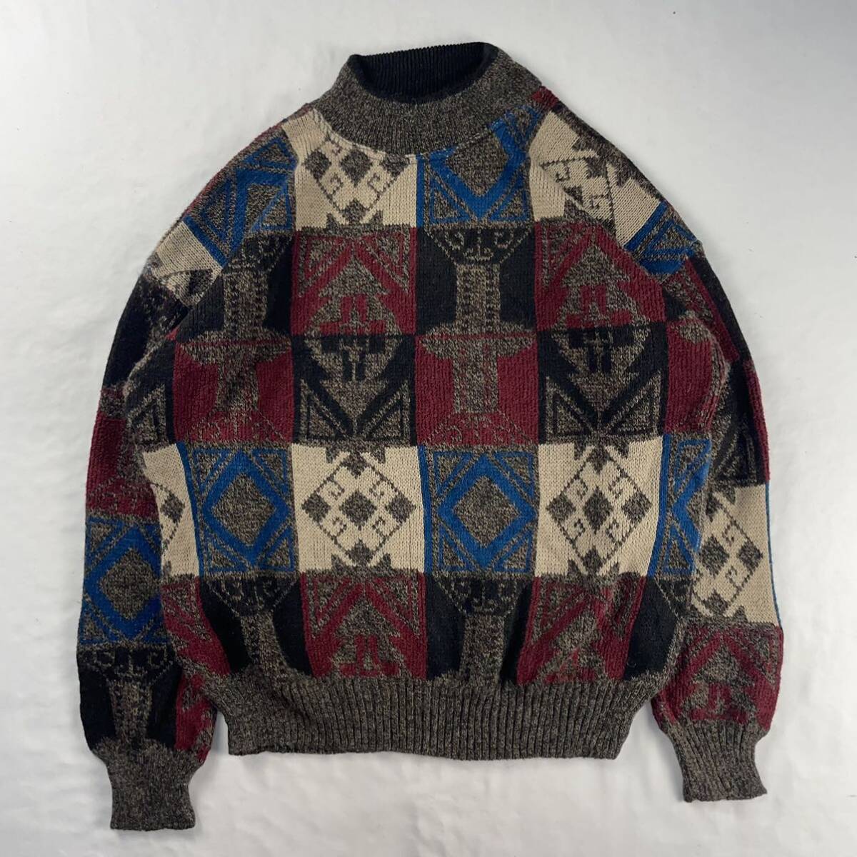 Euro Vintage 80s イタリア製 COLLECTIF マルチカラー 好配色 幾何学模様 アート柄 ボックス 装飾 オーナメント 総柄 デザインニット拍卖