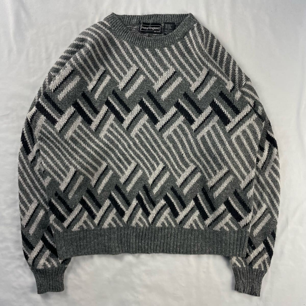 Euro Vintage 90s Peter England モノトーン 幾何学模様 アート クレイジーパターン 英国 イギリス UK 総柄 デザインニット拍卖