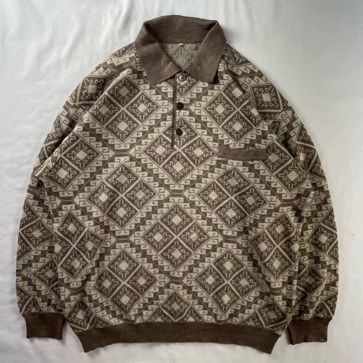 Euro Vintage イタリア製 80-90s Unknown くすみカラー 幾何学模様 アート 民族 エスニック 装飾 総柄 デザイン ニットポロ拍卖