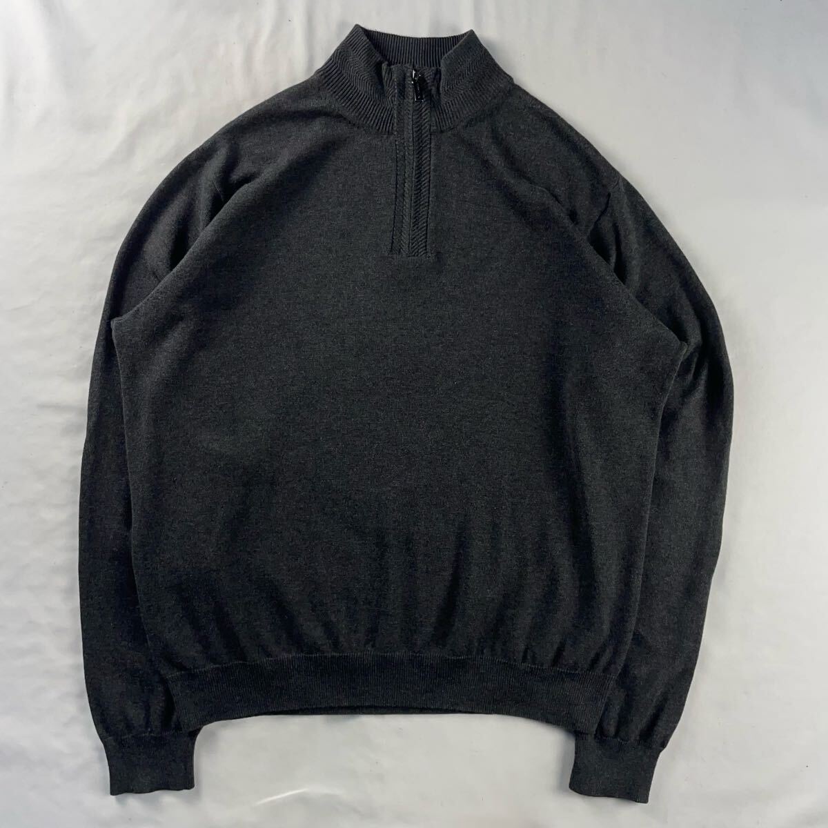 US Vintage PERRY ELLIS コットン100% ハーフジップ 立体 3D 単色 プレーン チャコールグレー ダークグレー 薄手 デザインニット拍卖