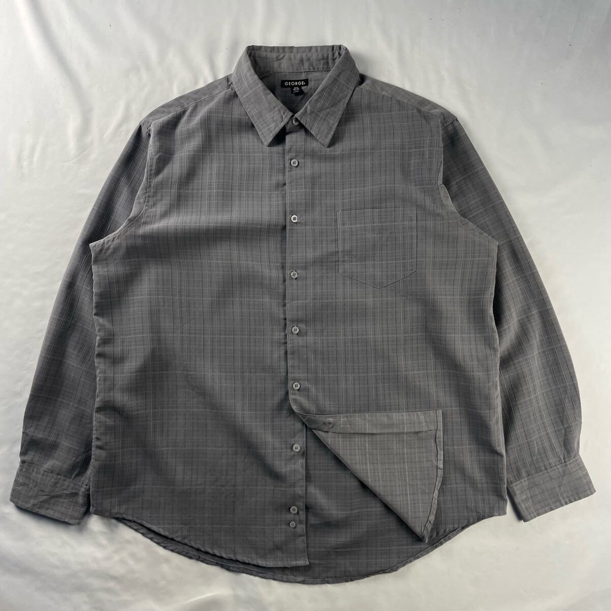 US Vintage 90s George ポリエステル 異素材 起毛 くすみカラー アッシュグレー 立体 刺繍 光沢 チェック 格子 総柄 デザイン ポリシャツ拍卖